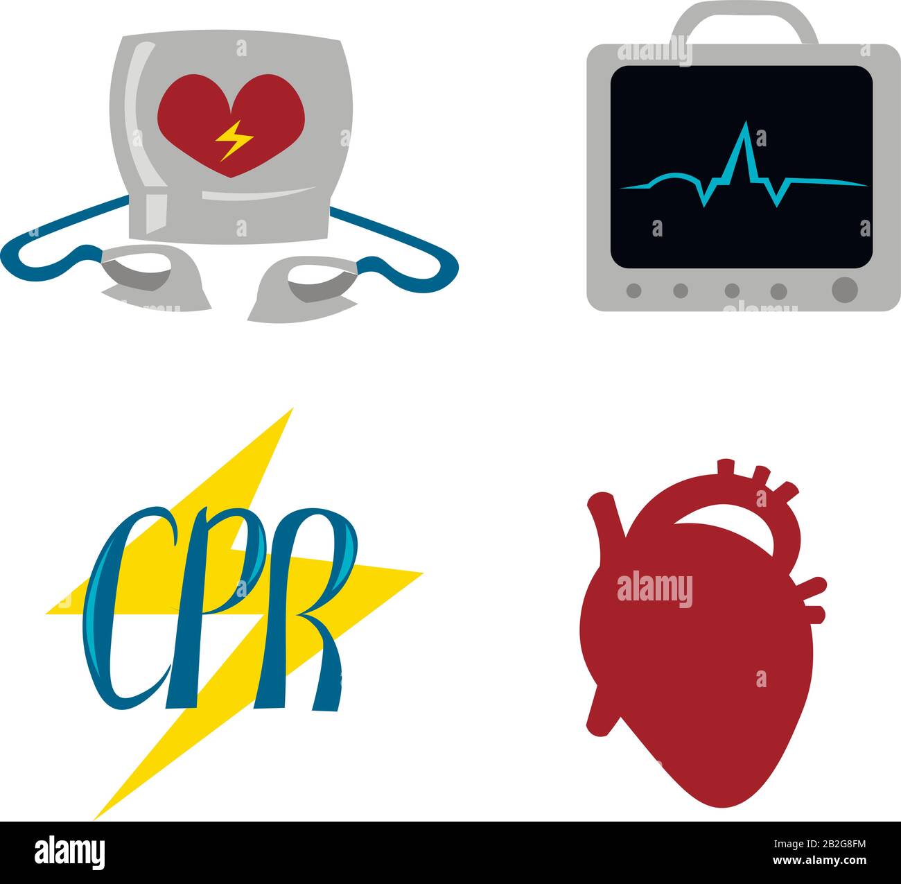 Ensemble d'objets pour la réanimation cardio-pulmonaire. Soins Urgents. Matériel médical. Défibrillateur, ecg. Illustration de Vecteur