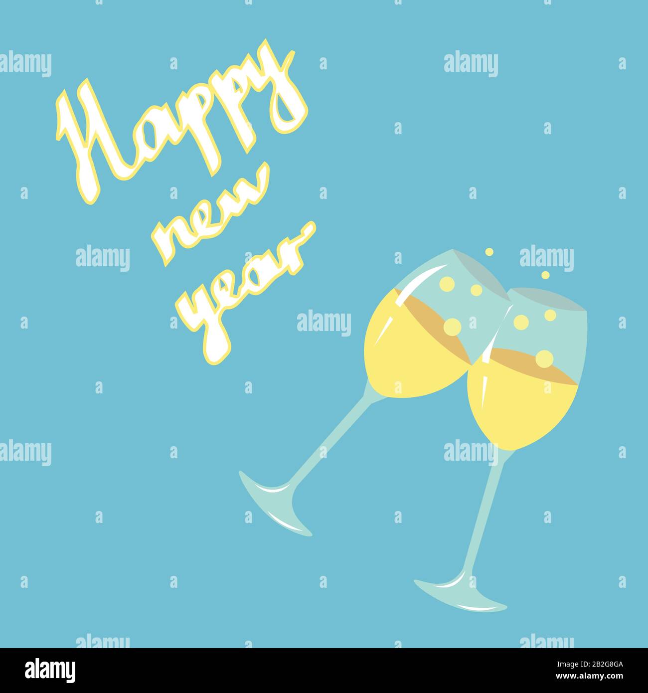 Texte Bonne année sur fond bleu. Deux verres avec champagne. Design pour cartes postales, affiches. Illustration de Vecteur