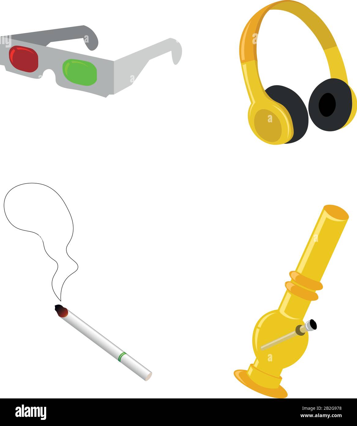 Ensemble d'éléments de fête. Lunettes tridimensionnelles, musique et tabagisme. Conception pour cartes postales et imprimés. Illustration de Vecteur