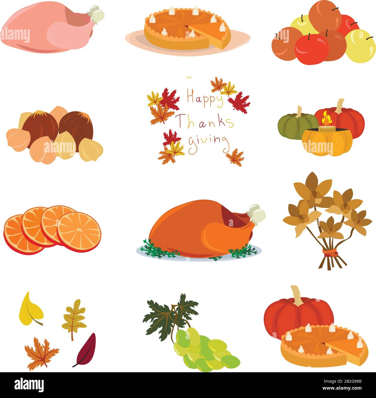 set pour l'action de grâce. Dinde, oranges, tarte, citrouille, pommes, noix, bougies, feuilles, raisins, fleurs objets pour la conception de cartes postales, dépliants, affiches Illustration de Vecteur