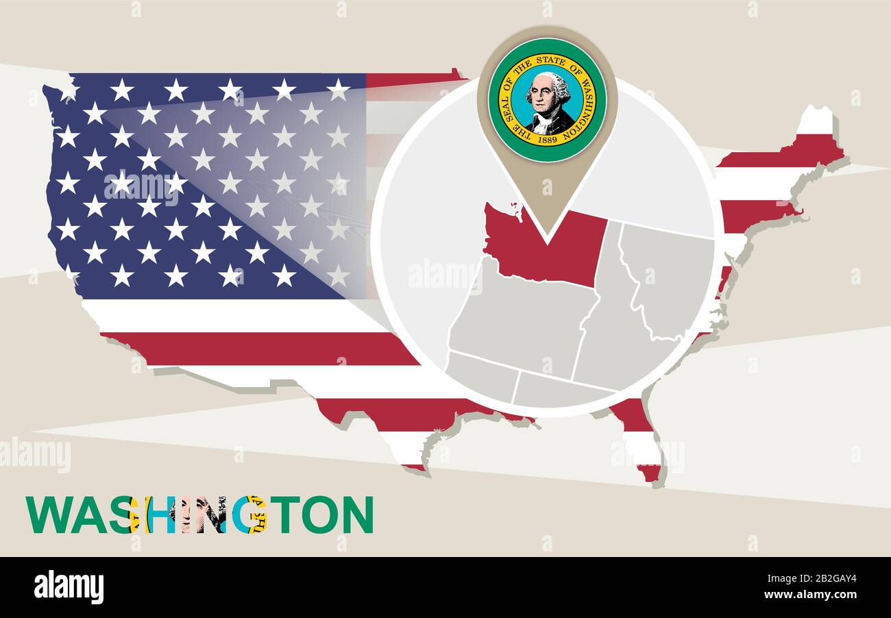 Carte Des Etats Unis Avec L Etat De Washington Agrandi Drapeau Et Carte De Washington Image Vectorielle Stock Alamy