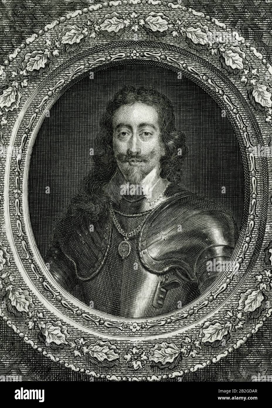 Roi Charles I (1600-1649), monarque anglais de la guerre de Sécession exécuté en 1649. Détail de la gravure, publié en 1745, par George Vertue (1684-1756), après un portrait du peintre flamand Sir Anthony van Dyck (1599-1641). Banque D'Images