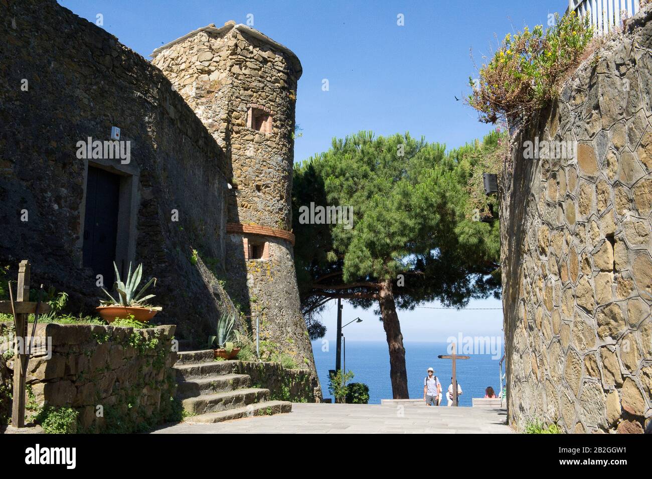 Riomaggiore donne sur la mer dans la province de la Spezia, se trouve dans le parc naturel des Cinque Terre en Ligurie, dans le nord-ouest de l'Italie. Il est inscrit sur la liste du patrimoine mondial de l'UNESCO. Tour d'observation de Saracen Banque D'Images