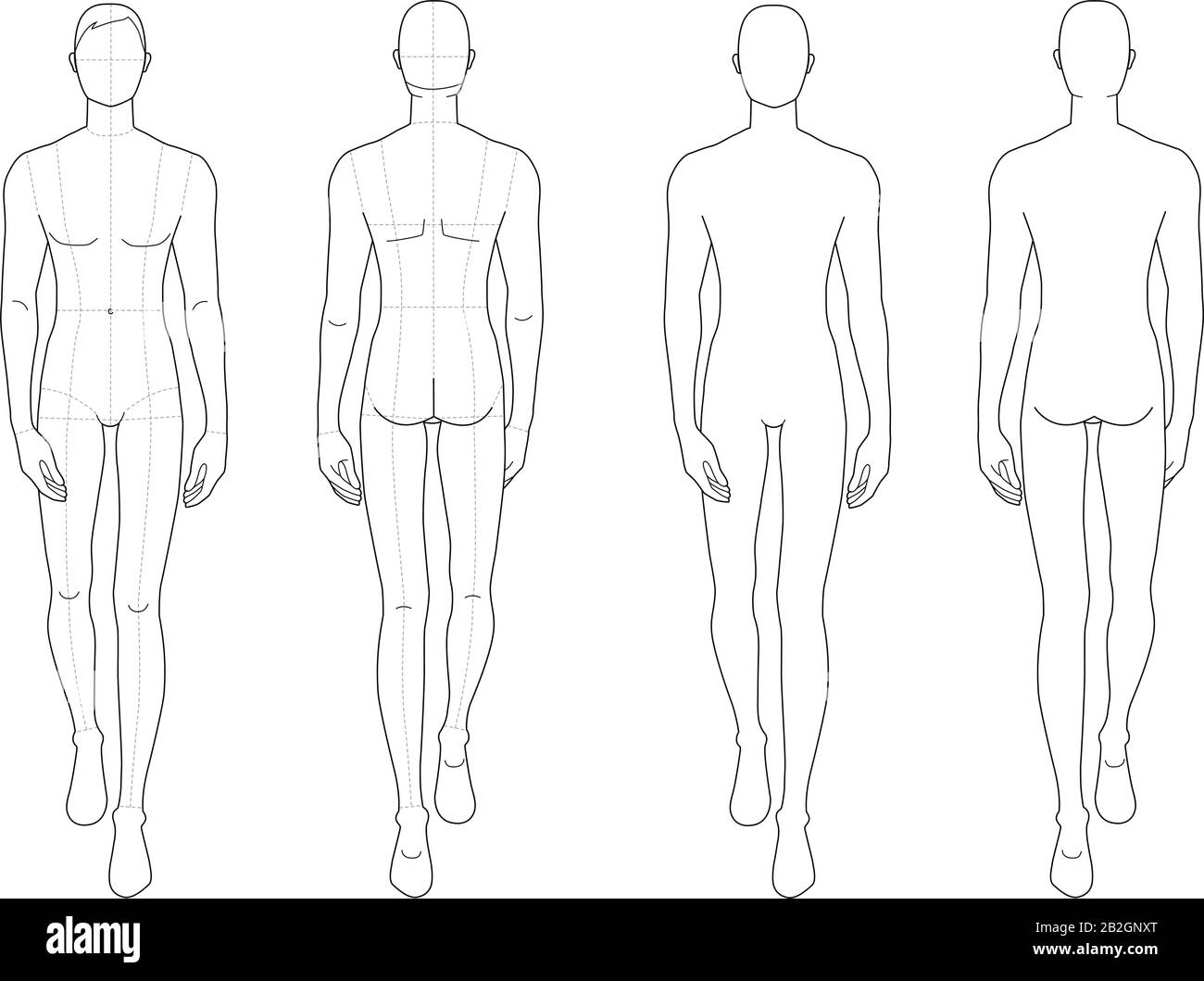 Modèle de mode d'hommes de marche. 9 dimensions de tête pour le dessin technique avec et sans lignes principales. Les messieurs sont en vue avant et arrière. Silhouette vectorielle pour l'esquisse et l'illustration de mode. Illustration de Vecteur