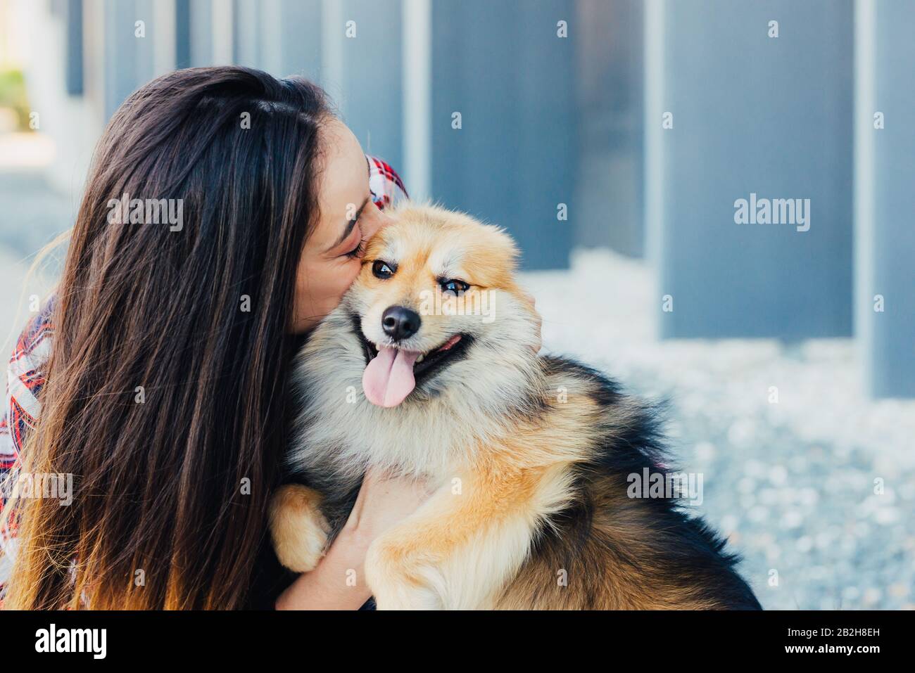 femme baiser chien avec espace de copie pour le texte Banque D'Images