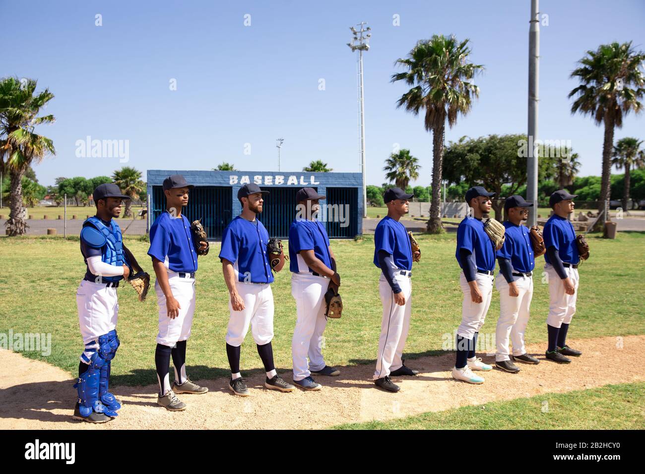 Joueurs de baseball debout en ligne Banque D'Images