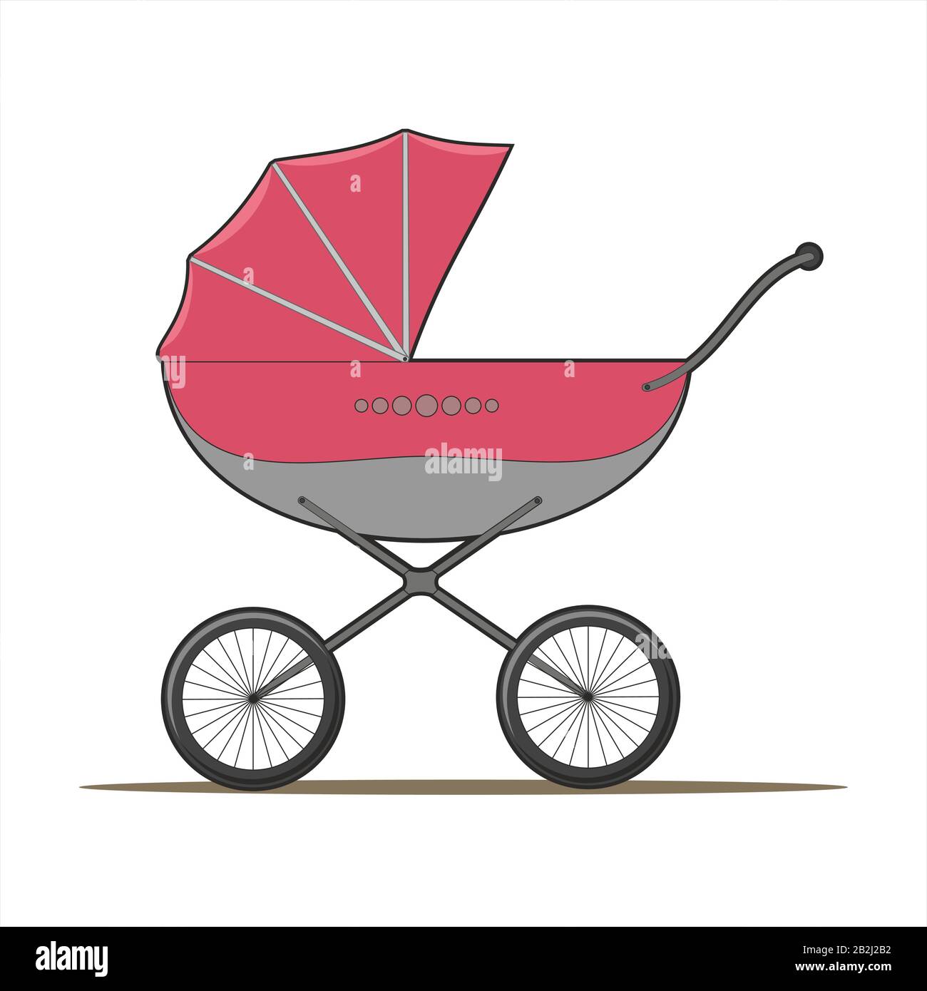 poussette rose pour bébé avec grandes roues sur fond blanc, vue latérale Illustration de Vecteur