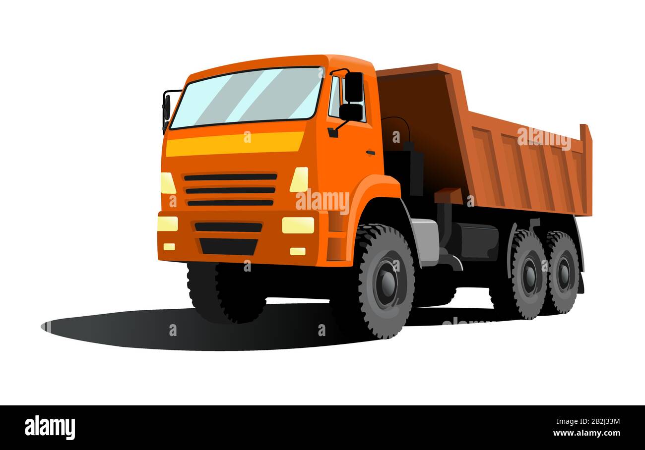 grand camion à benne basculante avec cabine orange et benne orange. Vue sur trois quarts. Illustration de Vecteur