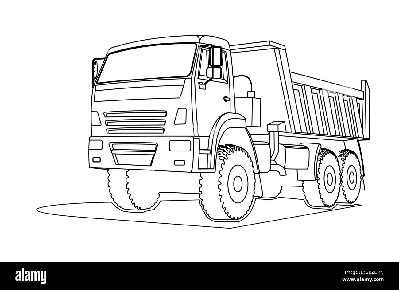 Gros tombereau à benne basculante contour. Pour la page de livre de coloriage. Vue sur trois quarts. Illustration de Vecteur