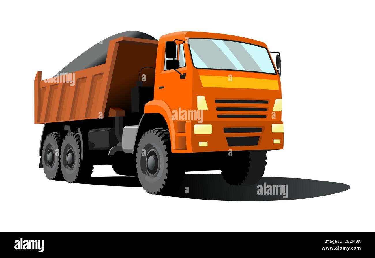 grand camion à benne basculante avec cabine orange et benne orange. Vue sur trois quarts. Illustration de Vecteur