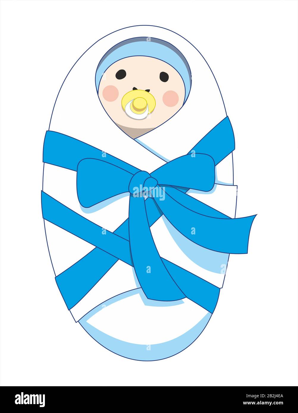 C'est un garçon ! Bébé nouveau-né avec des joues roses, une casquette bleue, un mamelon jaune, enveloppé dans un couches, attaché avec un ruban bleu Illustration de Vecteur