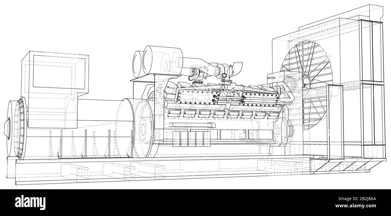 Générateur diesel. Les calques de lignes visibles et invisibles sont séparés. Format EPS10. Châssis métallique. Illustration de Vecteur