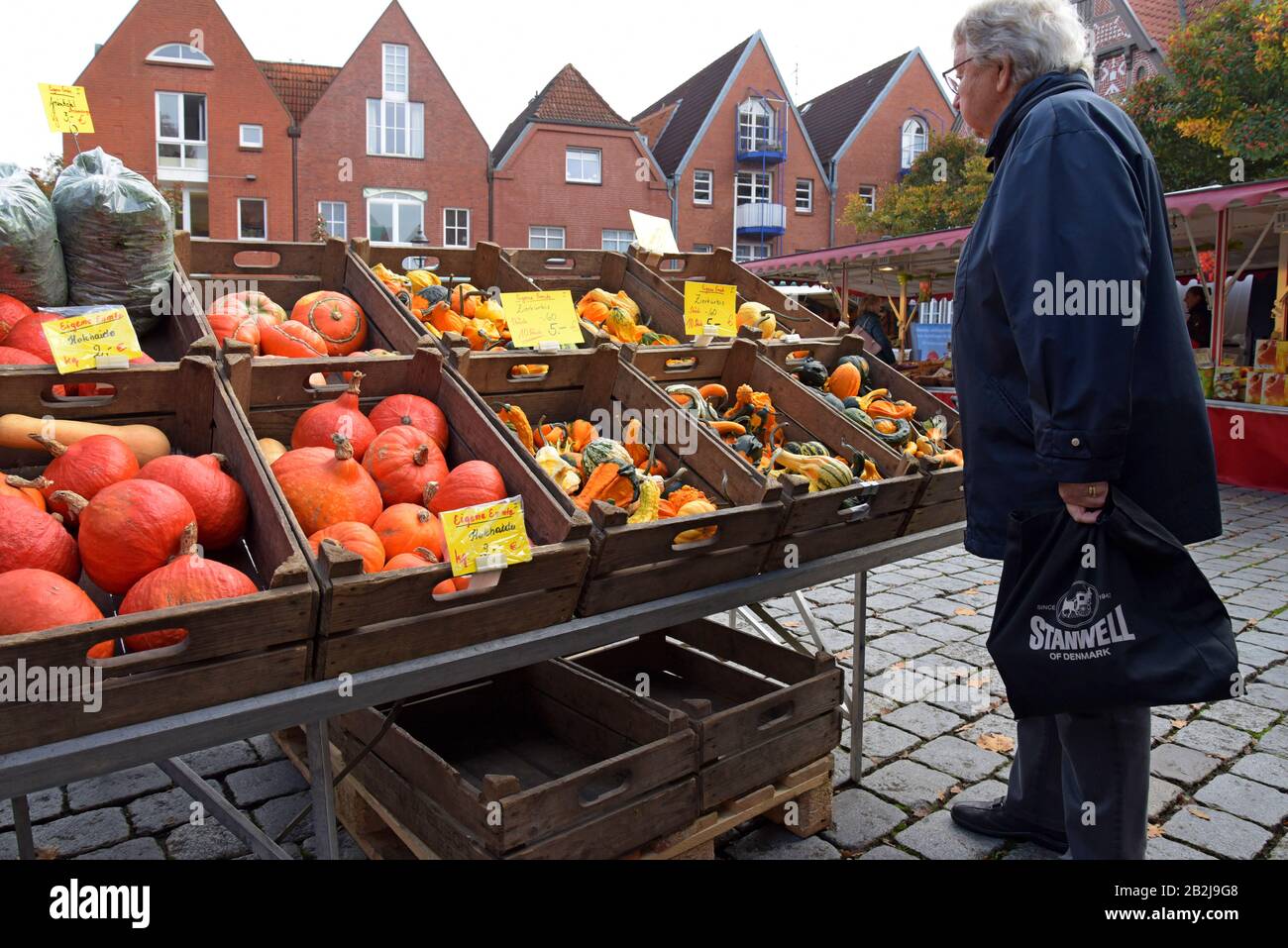 Un grand présentoir de citrouilles pour Halloween sur un marché agricole à Buxtehude, Allemagne octobre 2019 Banque D'Images