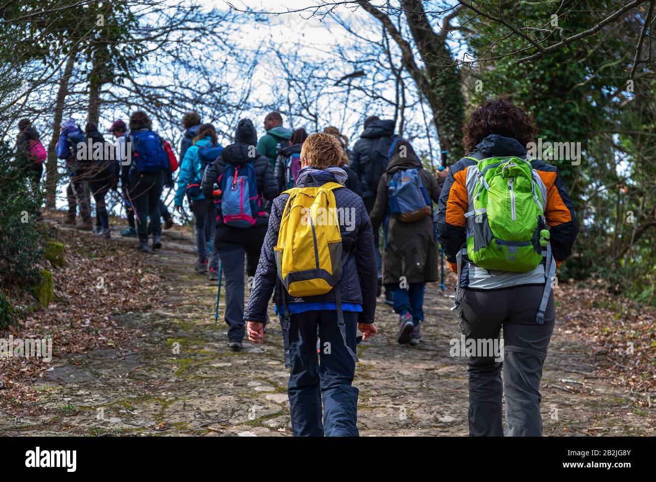 Rocca di Papa, Italie - 29 février 2020: Les randonneurs marchent sur l'ancien pavé romain, parmi la végétation dans les bois. Banque D'Images