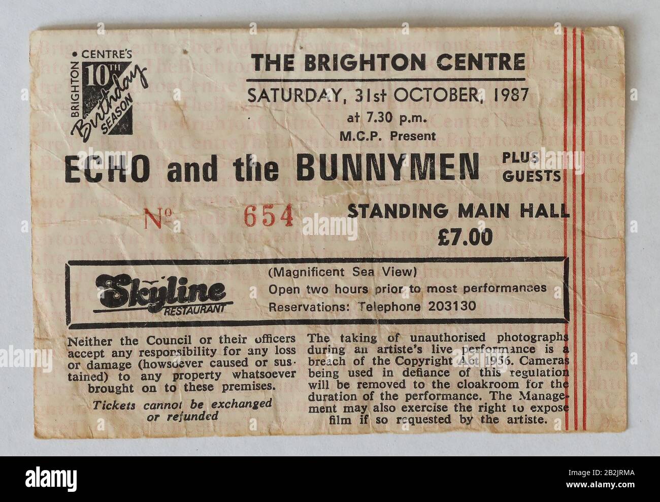 Echo et le billet de concert Bunnymen Brighton Centre 31 octobre 1987 Photo de James Boardman. Banque D'Images