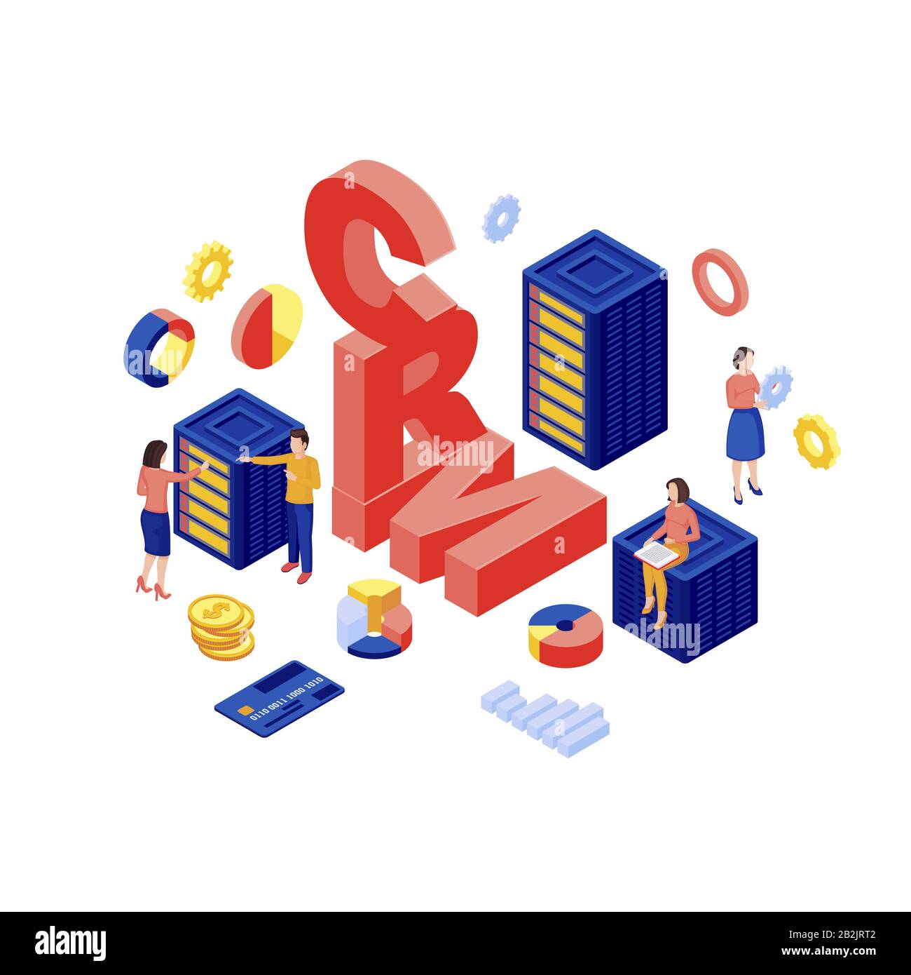 Illustration vectorielle isométrique de la base de données CRM. Stockage de données client, logiciel d'automatisation marketing concept tridimensionnel isolé sur fond blanc. Commerce Électronique Illustration de Vecteur