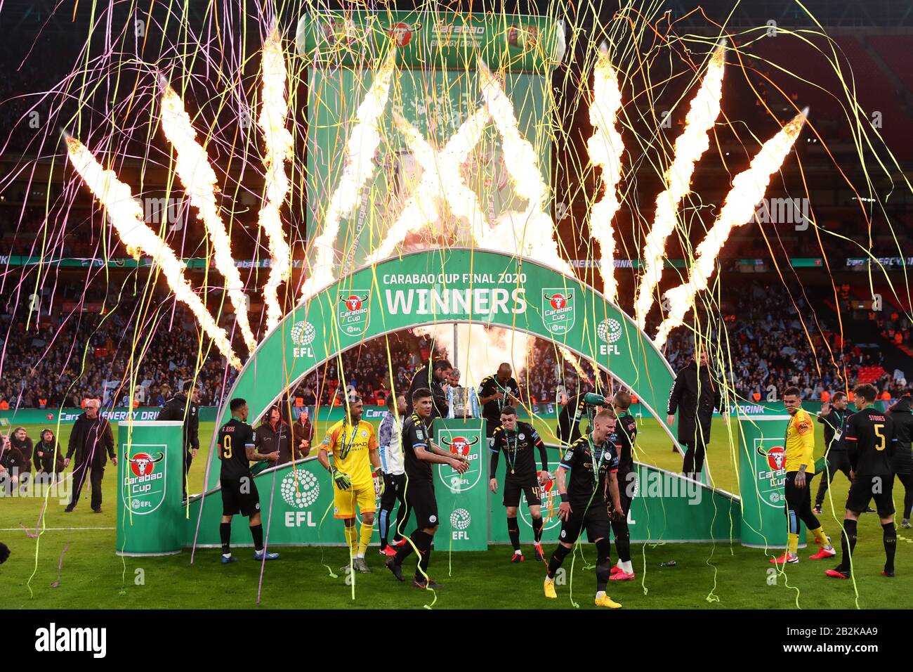Les joueurs de Manchester City célèbrent après avoir remporté la coupe Carabao - Aston Villa / Manchester City, la finale de la coupe Carabao, le stade Wembley, Londres, Royaume-Uni - 1 mars 2020 Usage éditorial Seulement - les restrictions de DataCo s'appliquent Banque D'Images
