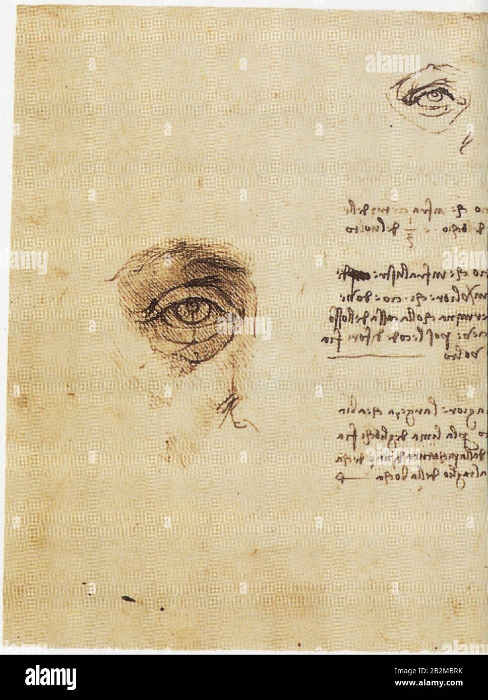 Léonard de Vinci. Etude des proportions du visage avec détails des yeux, notes et quelques opérations arithmétiques. 1489-1490 Banque D'Images