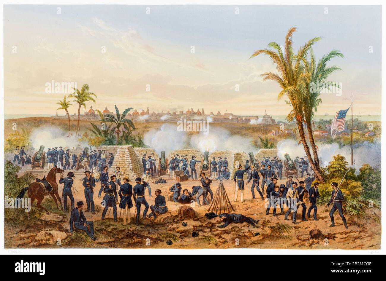 Bombardement de Veracruz, à la bataille de Veracruz (siège de Vera Cruz), du 9 au 29 mars 1847, pendant la guerre Mexico-américaine (1846-1848), imprimé par Carl Nebel, Adolphe Bayot, 1851 Banque D'Images