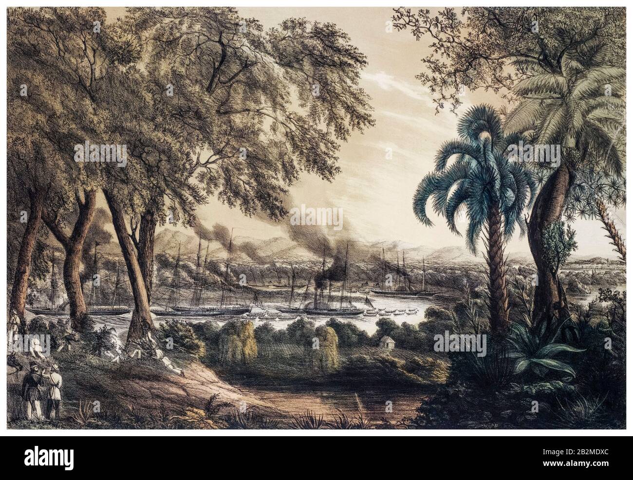La marine américaine sous le Commodore Perry monte la rivière Tabasco au Devil's Bend, le 15 juin 1847, pendant la guerre Mexico-américaine (1846-1848), imprimée par H Walke, 1848 Banque D'Images