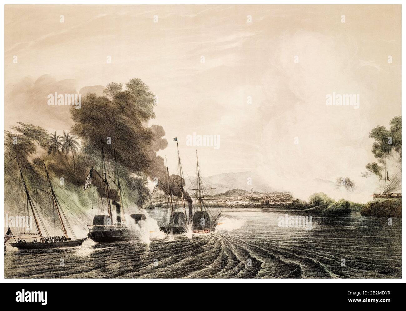 Capture de la ville de Tabasco par l'expédition navale américaine à la deuxième bataille de Tabasco le 16 juin 1847, imprimé par H Walke, 1848 Banque D'Images