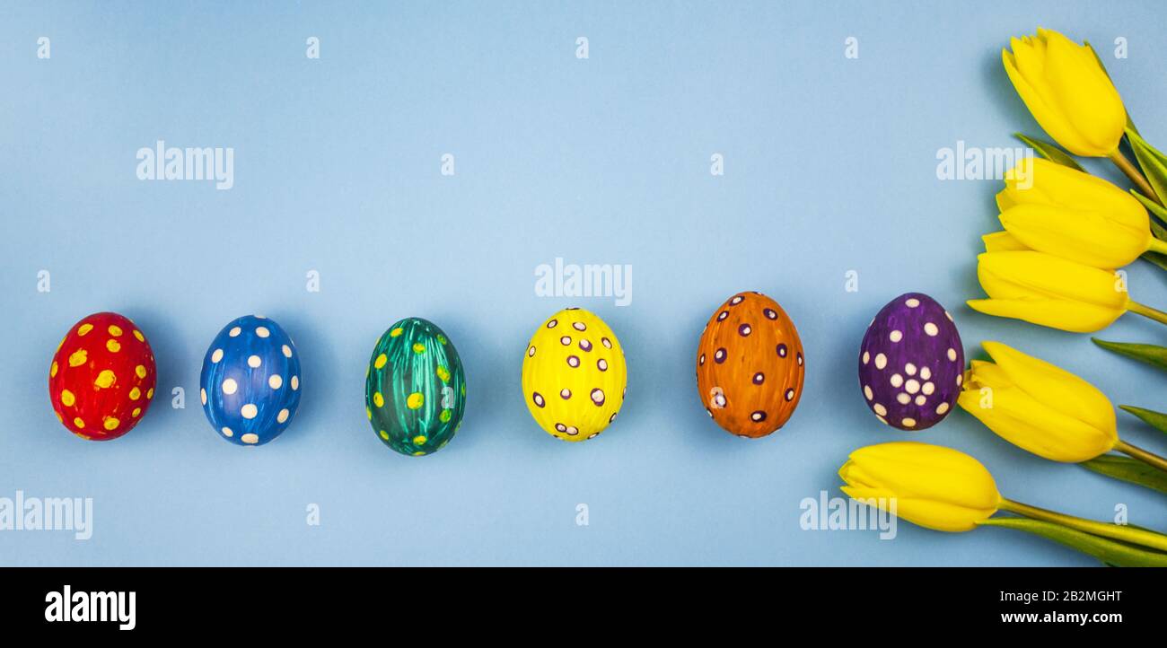 Œufs de Pâques. Bonne carte de pâques. Œufs de Pâques sur fond bleu. Œufs disposés en rangée. Joyeuses pâques. Tulipes.vue de dessus. Bannière. Placer pour le texte Banque D'Images
