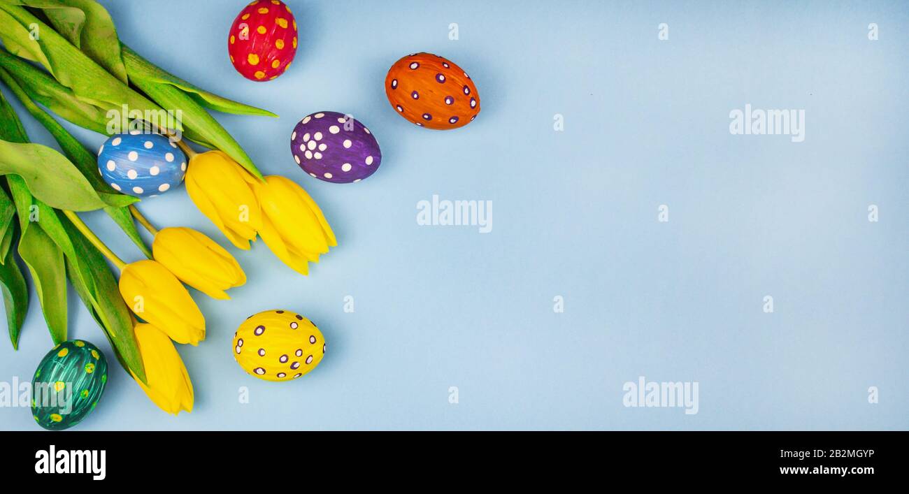 Œufs de Pâques. Bonne carte de pâques. Œufs de Pâques sur fond bleu. Œufs disposés en rangée. Joyeuses pâques. Tulipes. Les tulipes jaunes et les œufs de couleur sont sca Banque D'Images