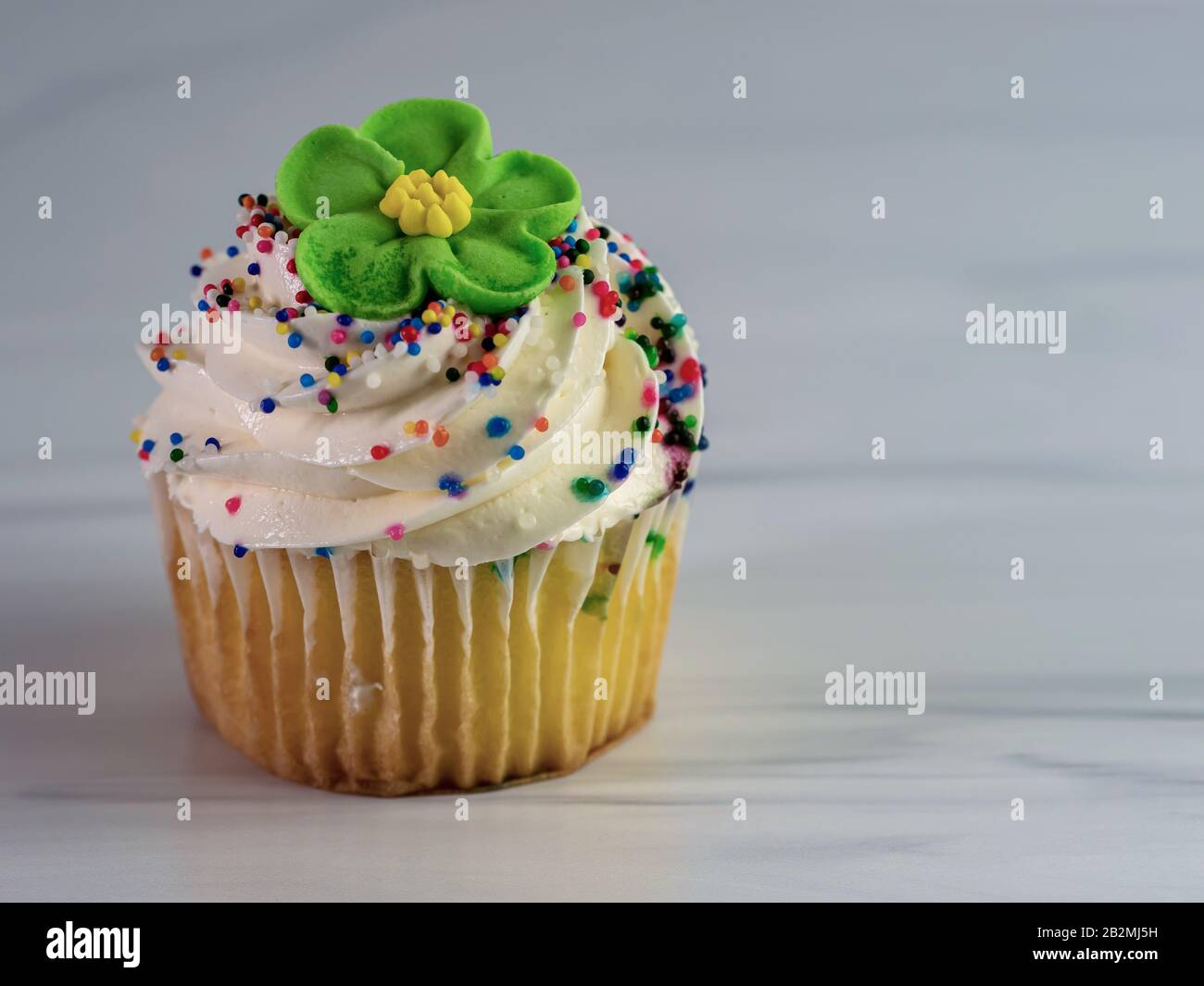 Cupcake jaune avec glaçage blanc avec une fleur fondant verte et des saupoules colorées, assis sur un fond calcaire blanc et gris. Délicieux an Banque D'Images