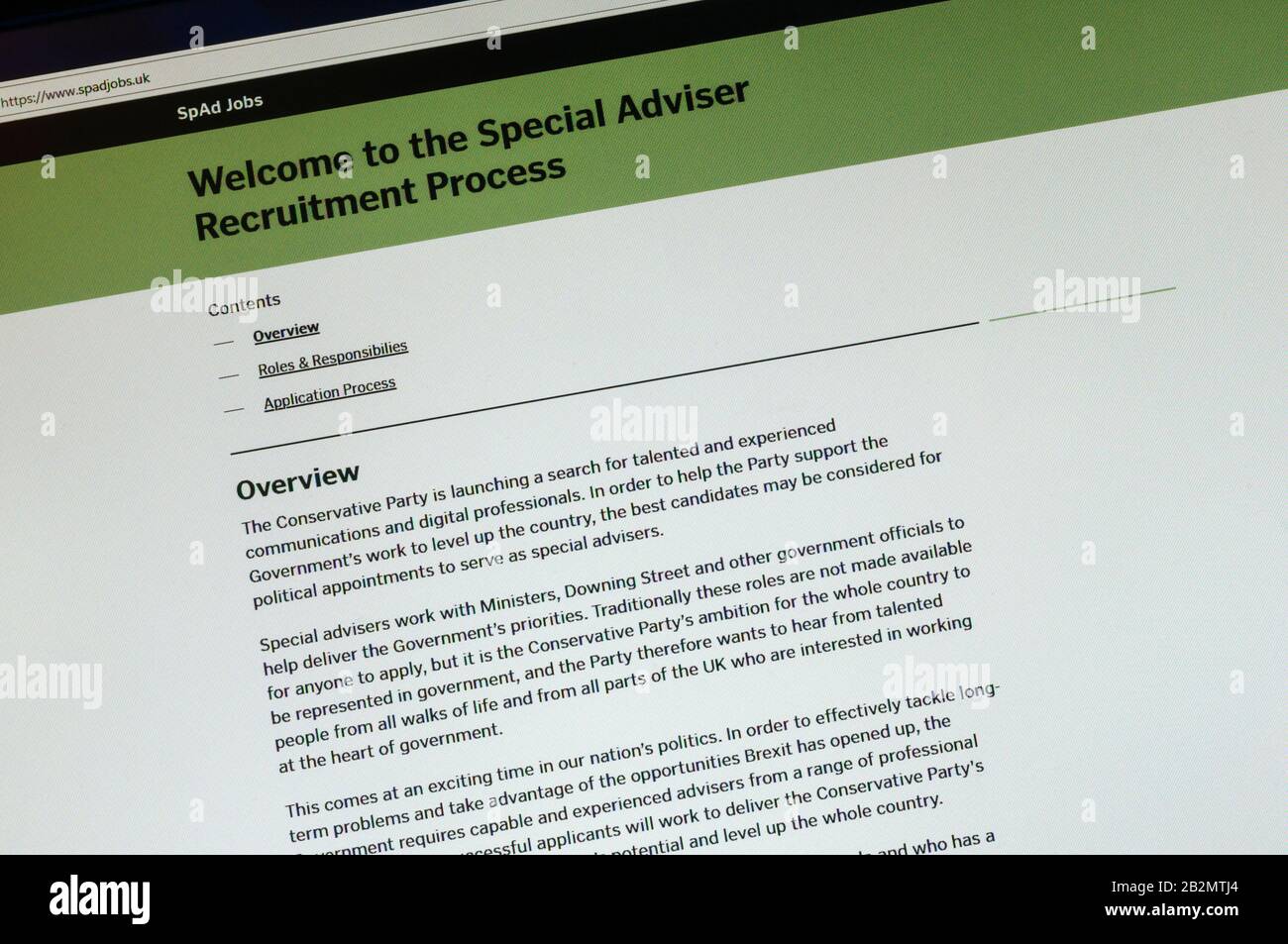 Le site Web du gouvernement www.spadjobs.uk est destiné à faire partie du processus de centralisation de l'embauche de Spads ou de conseillers spéciaux. Banque D'Images