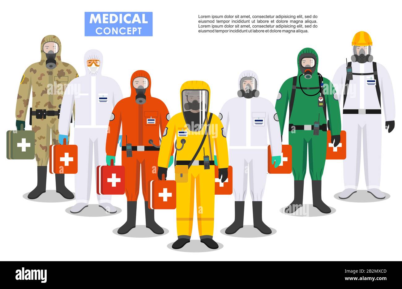 Concept médical. Illustration détaillée différents médecins en différences combinaisons de protection et masques sur fond blanc dans le style plat. Dangereux Illustration de Vecteur