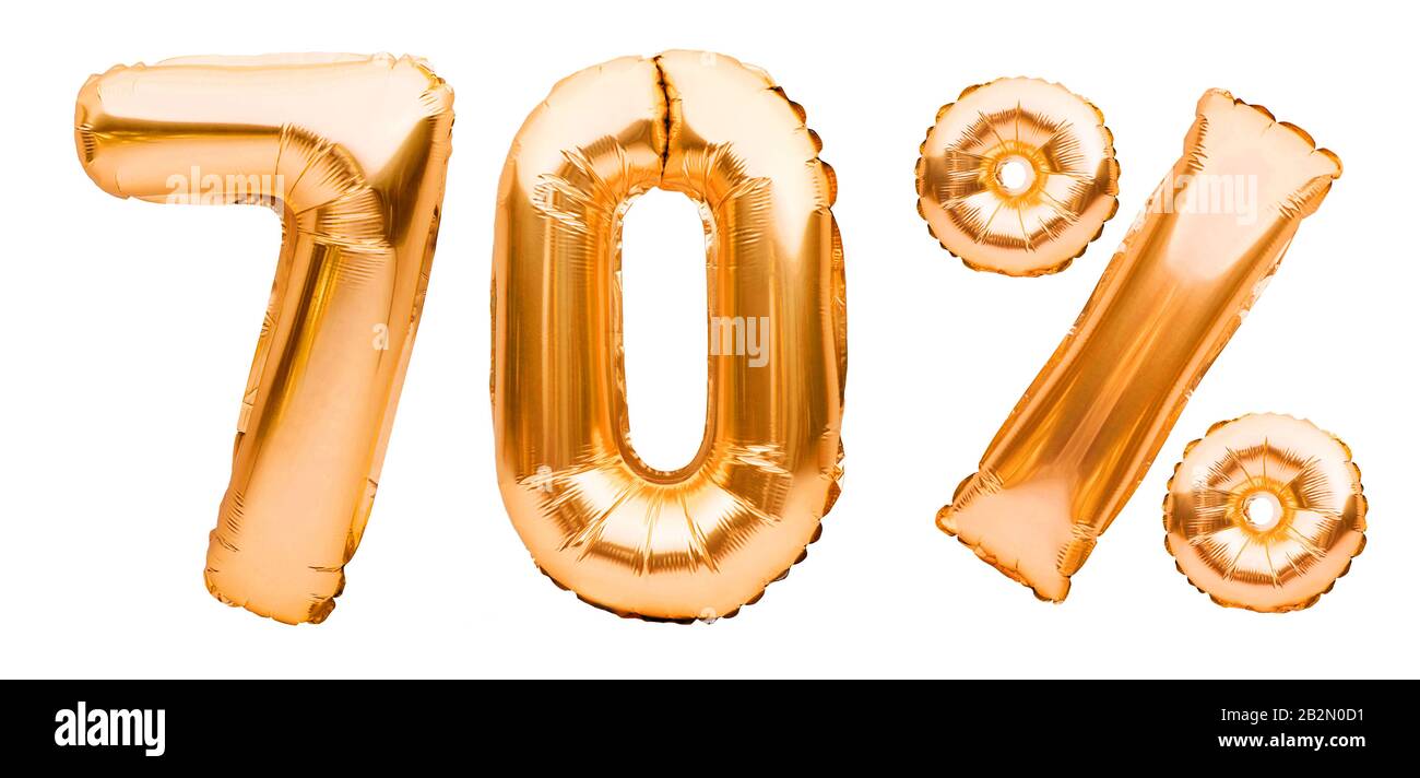 Golden soixante-dix pour cent signe fait de ballons gonflables isolés sur blanc. Ballons d'hélium, numéros de feuilles d'or. Décoration de vente, vendredi noir, remise Banque D'Images