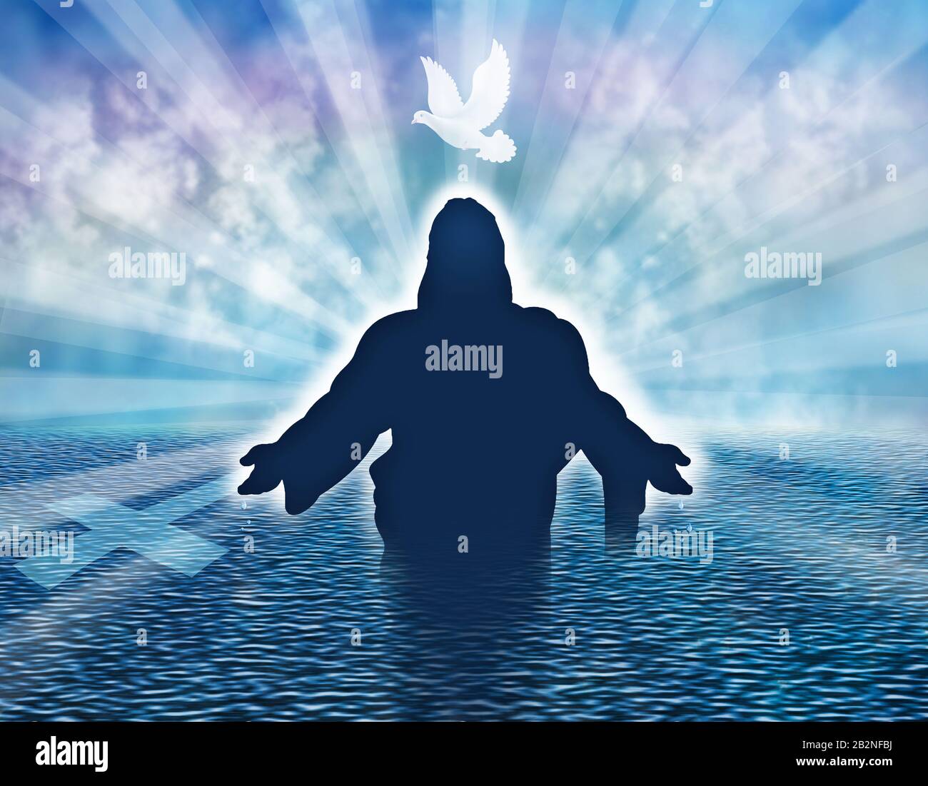 Concept D Illustration Du Bapteme Chretien Avec Une Silhouette De Colombe Et D Homme Dans La Mer Jesus Christ Photo Stock Alamy