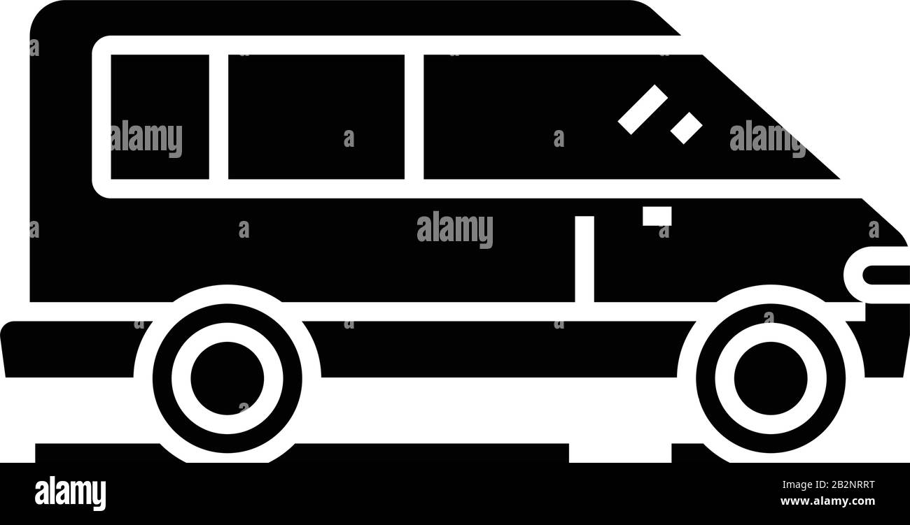 Minibus conduisant l'icône noire, l'illustration conceptuelle, le symbole vectoriel plat, le signe glyphe. Illustration de Vecteur