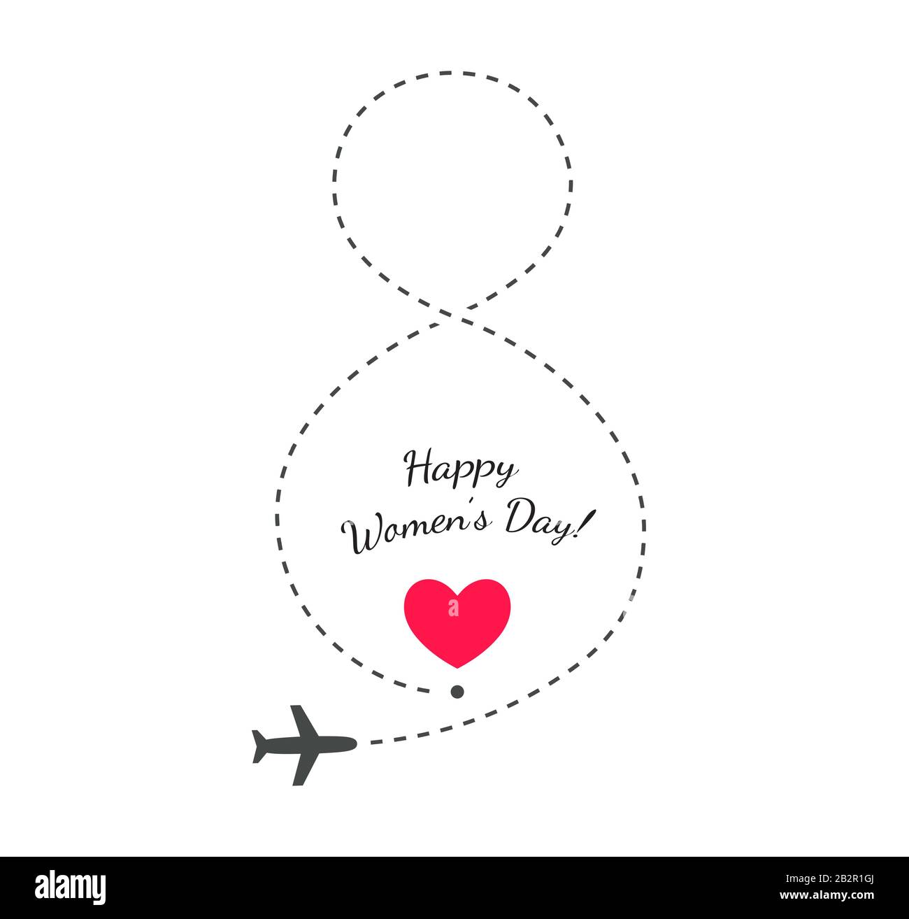 Cadeau de voyage sur carte de vœux de la Journée des femmes, huit chemins de symbole avec avion aérien à vol, chemin de 8 lignes et illustration du concept vectoriel d'icône de coeur Illustration de Vecteur