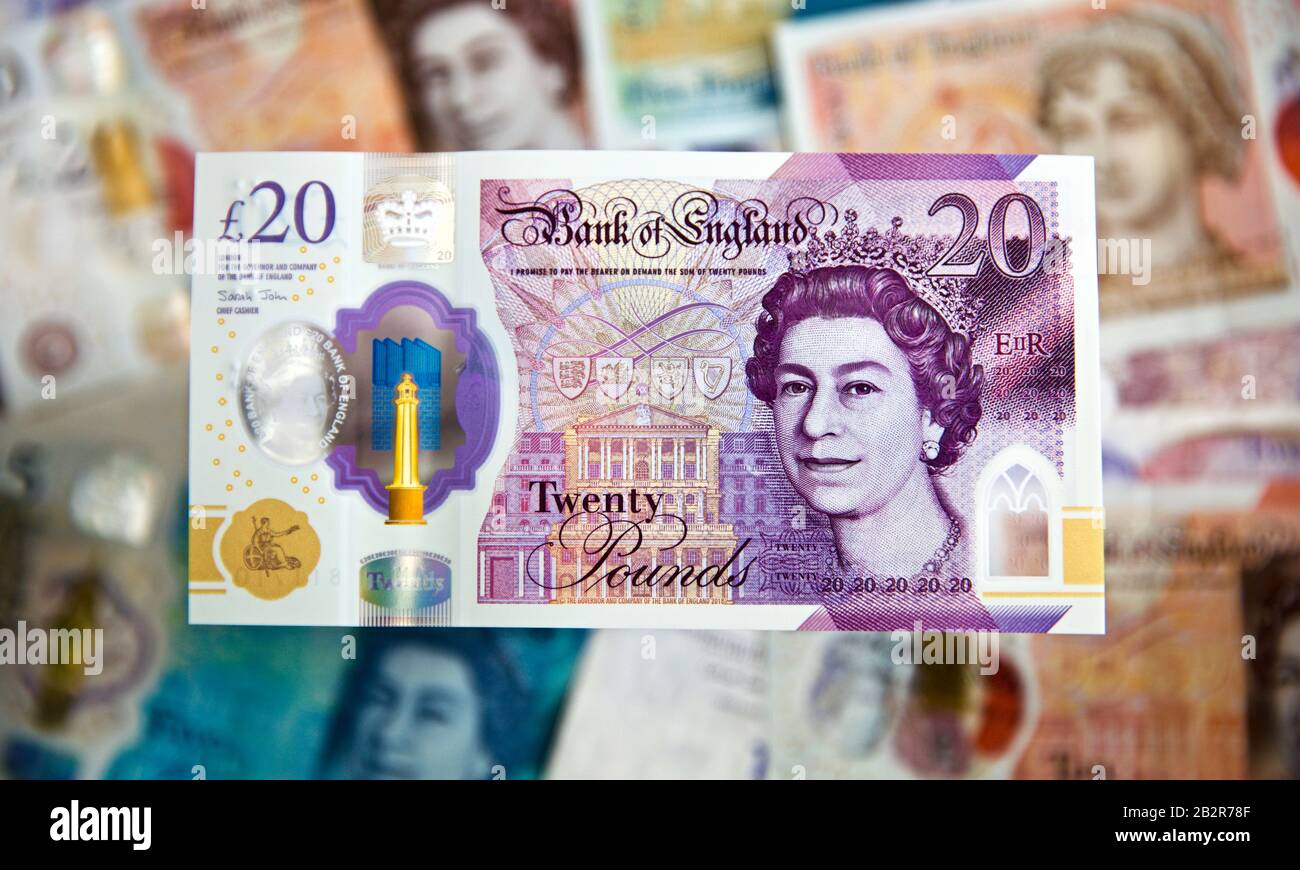 Le nouveau polymère 2020 £20 livre note de la Banque d'Angleterre avec l'artiste JMW Turner avec les billets en polymère en arrière-plan Banque D'Images
