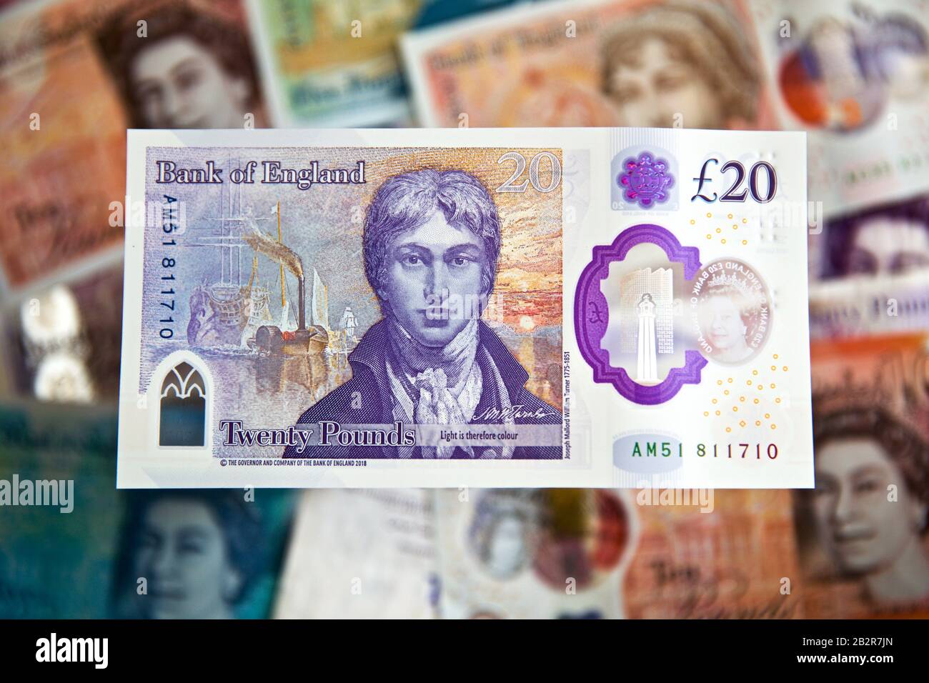 Le nouveau polymère 2020 £20 livre note de la Banque d'Angleterre avec l'artiste JMW Turner avec les billets en polymère en arrière-plan Banque D'Images