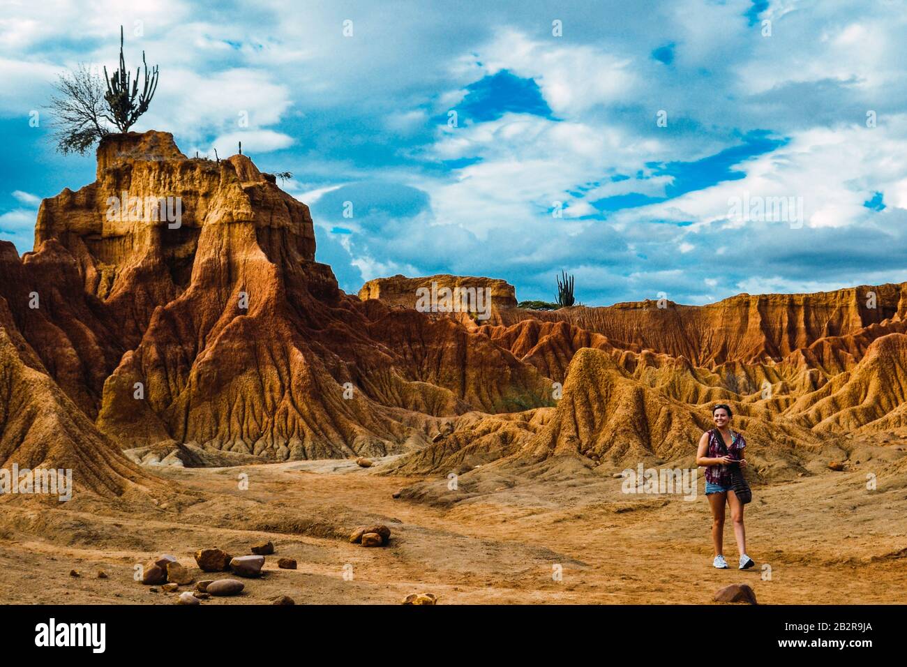 Femelle marchant autour des rochers dans le désert de Tatacoa, Colombie Banque D'Images