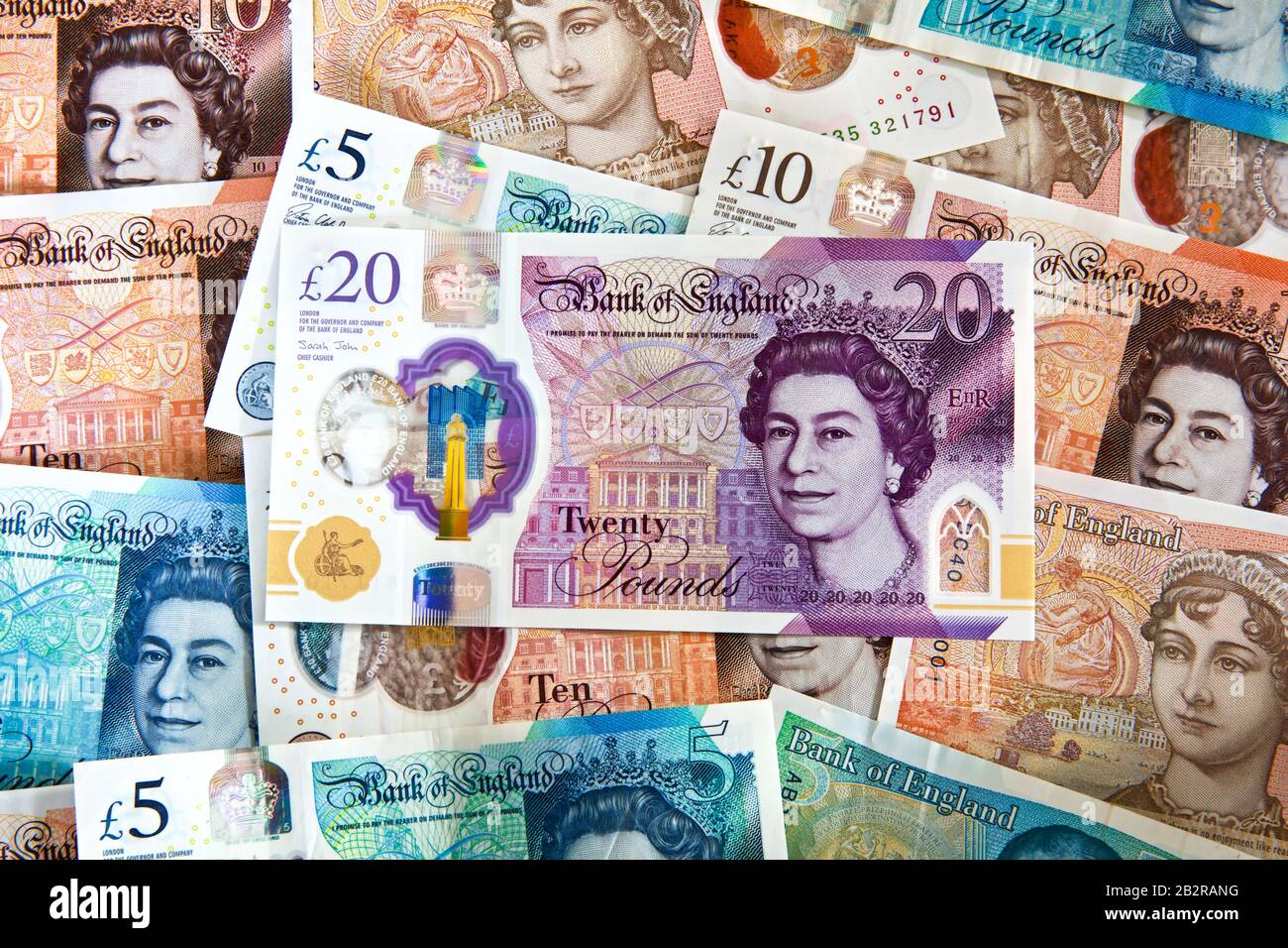 Le nouveau polymère 2020 £20 livre note de la Banque d'Angleterre avec l'artiste JMW Turner avec les billets en polymère en arrière-plan Banque D'Images