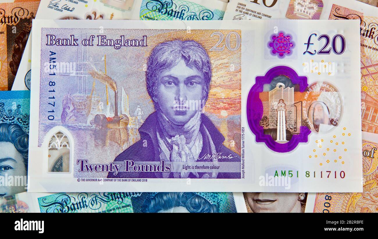 Le nouveau polymère 2020 £20 livre note de la Banque d'Angleterre avec l'artiste JMW Turner avec les billets en polymère en arrière-plan Banque D'Images