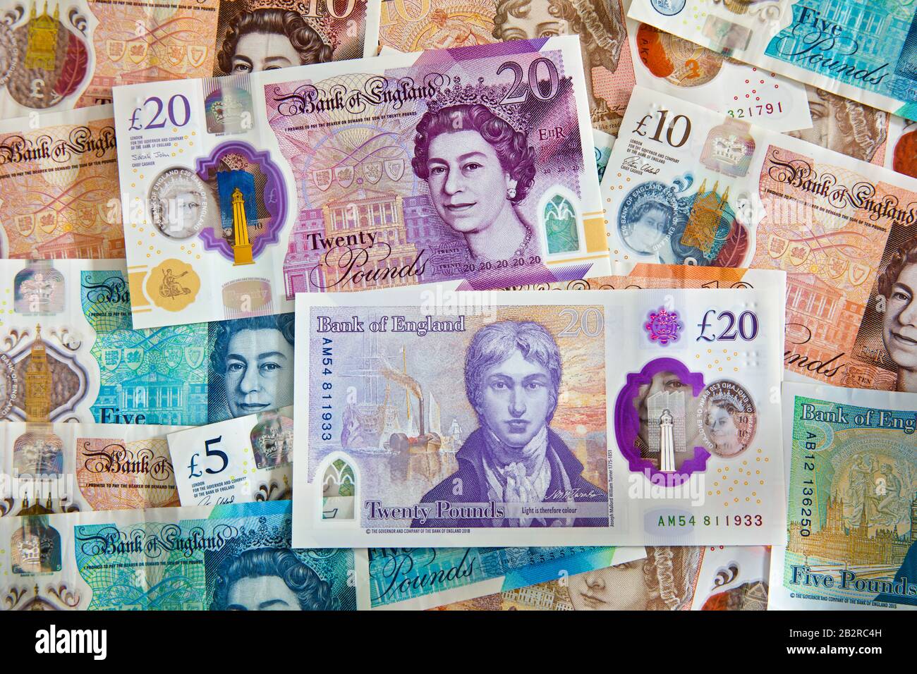 Le nouveau polymère 2020 £20 livre note de la Banque d'Angleterre avec l'artiste JMW Turner avec les billets en polymère en arrière-plan Banque D'Images
