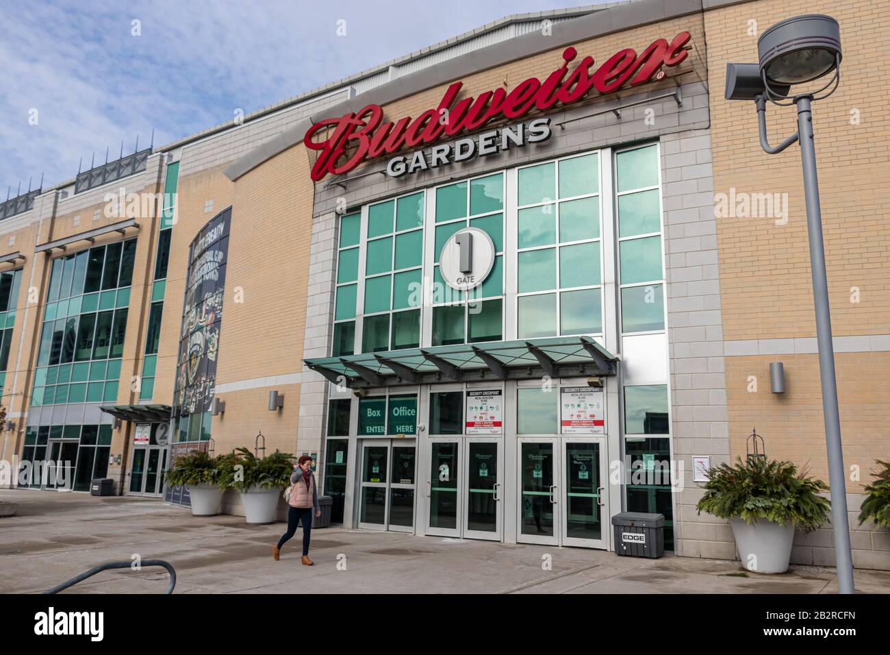 Entrée principale aux jardins Budweiser, le célèbre centre sportif et de divertissement de London, en Ontario. Banque D'Images