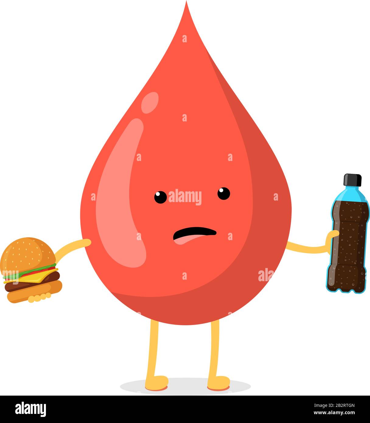 Mignon caricature triste malsain personnage de goutte de sang avec fast food Burger et bouteille de soda. Illustration plate de la malnutrition vectorielle et du risque élevé de diabète de glucose Illustration de Vecteur