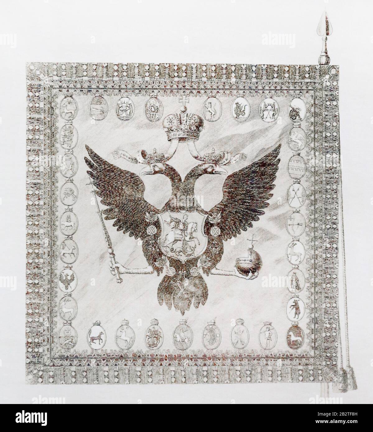 Aigle à double tête sur la bannière de l'Etat de Russie du XVIIIe siècle. Banque D'Images