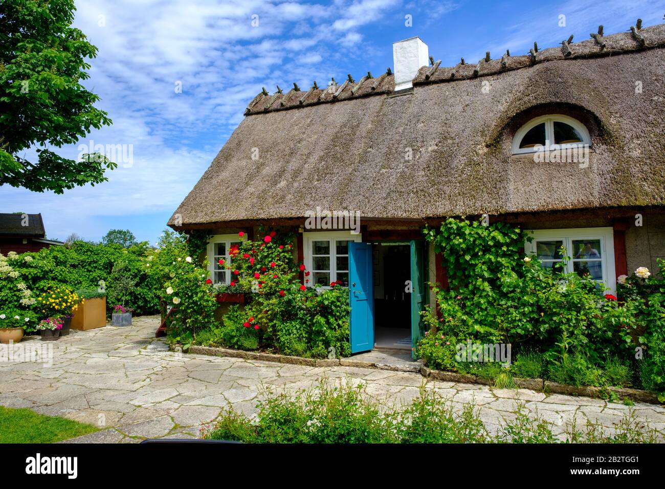 Maison de chaume, lust de campagne, romantique, café de jardin, Flickorna Lundgren Pa Skaeret, Skaeret, péninsule de Kullen, Skane, Skane laen, sud Banque D'Images