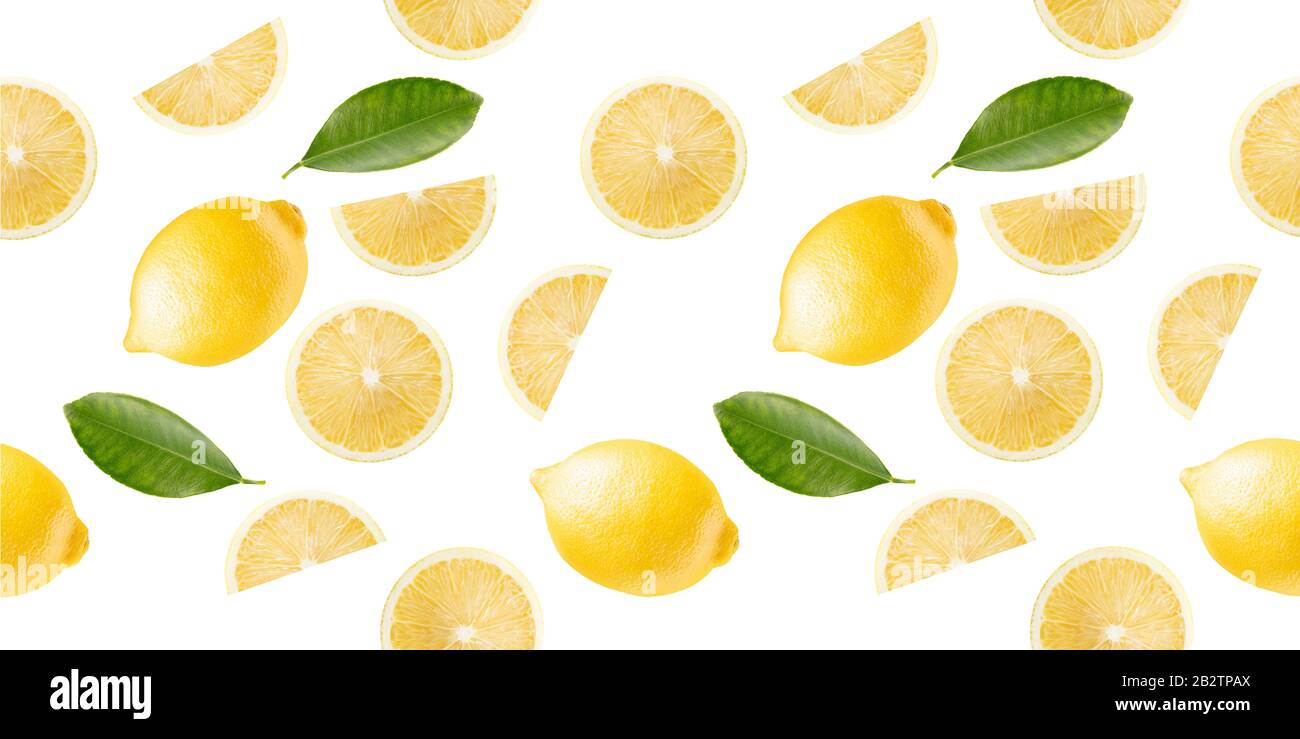 motif avec des tranches de citron et des feuilles sur fond blanc. Banque D'Images