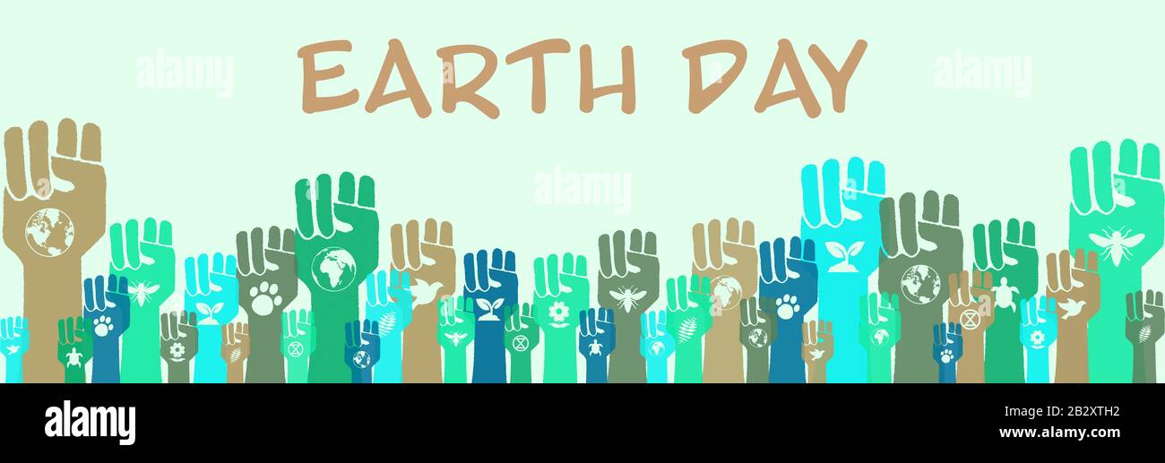 La Journée de la Terre, l'activisme environnemental, la communauté a levé les mains pour protester contre la bannière d'illustration, de moi à nous, la solidarité humaine et la protestation pour sauver la terre Banque D'Images