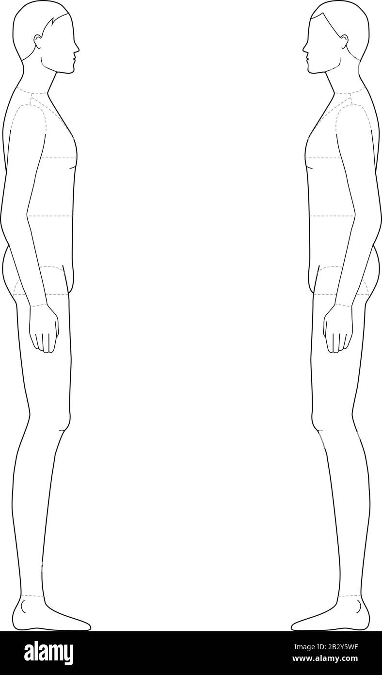 Modèle de mode d'hommes debout. 9 dimensions de tête pour le dessin technique avec lignes principales. Les messieurs sont à gauche et à droite. Silhouette vectorielle pour l'esquisse et l'illustration de mode. Illustration de Vecteur