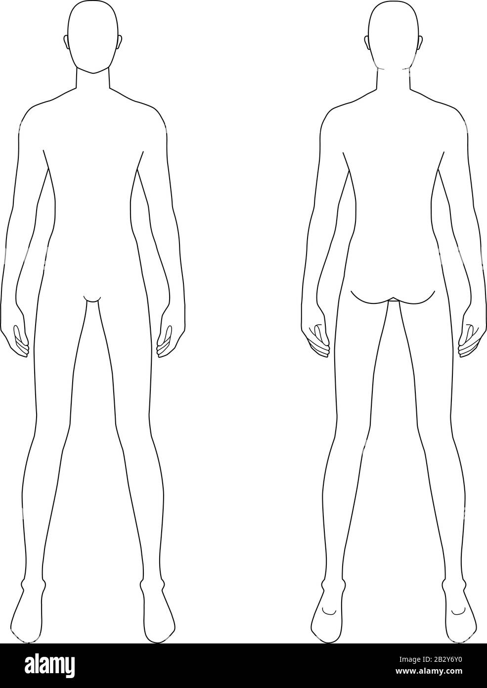 Modèle de mode d'hommes debout avec de larges jambes. 9 dimensions de tête pour le dessin technique. Les messieurs sont en vue avant et arrière. Silhouette vectorielle pour l'esquisse et l'illustration de mode. Illustration de Vecteur