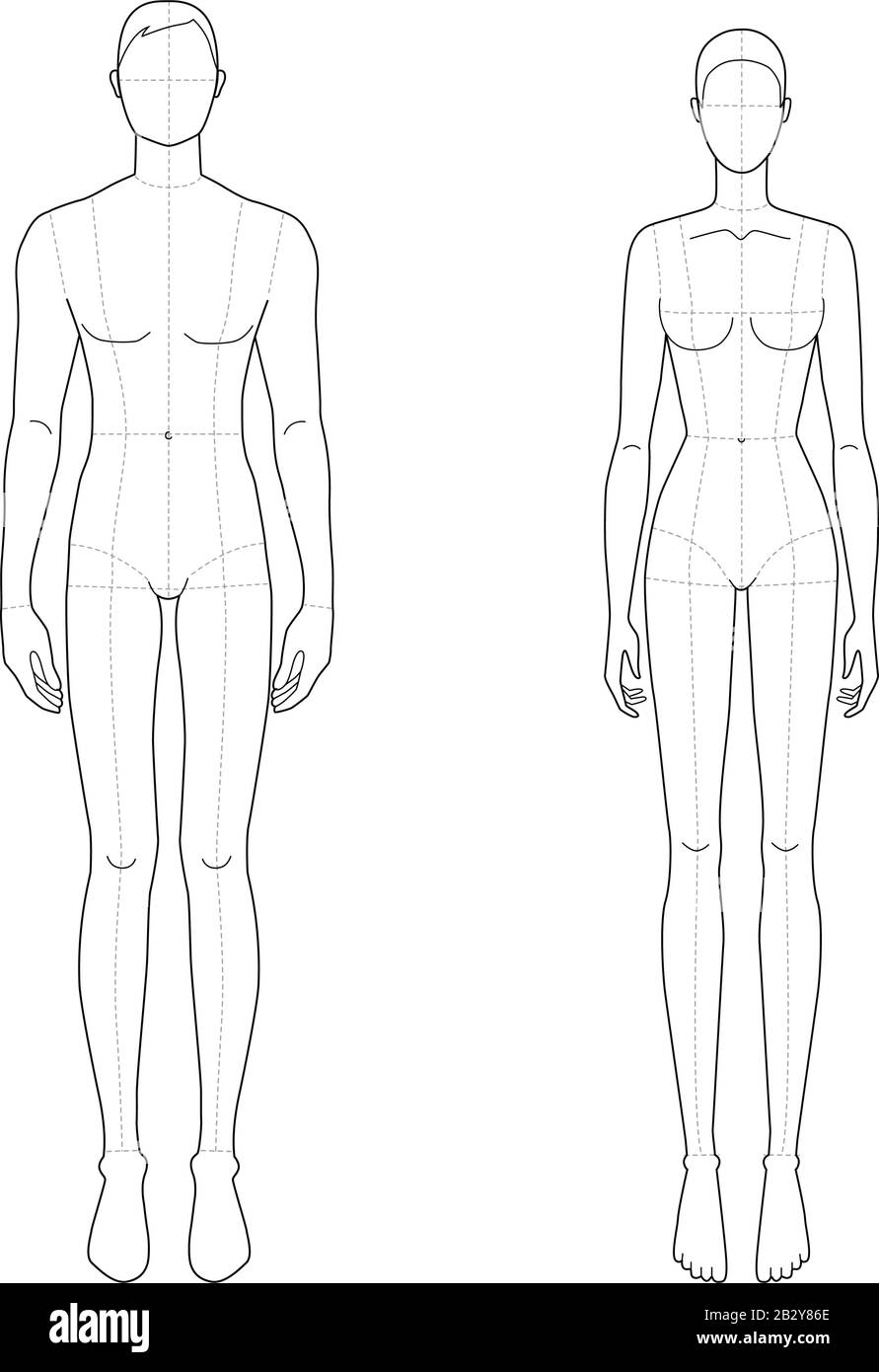 Modèle de mode des hommes et des femmes debout. 9 dimensions de tête pour  le dessin technique avec lignes principales. Messieurs figure vue de face.  Silhouette vectorielle pour l'esquisse et l'illustration de