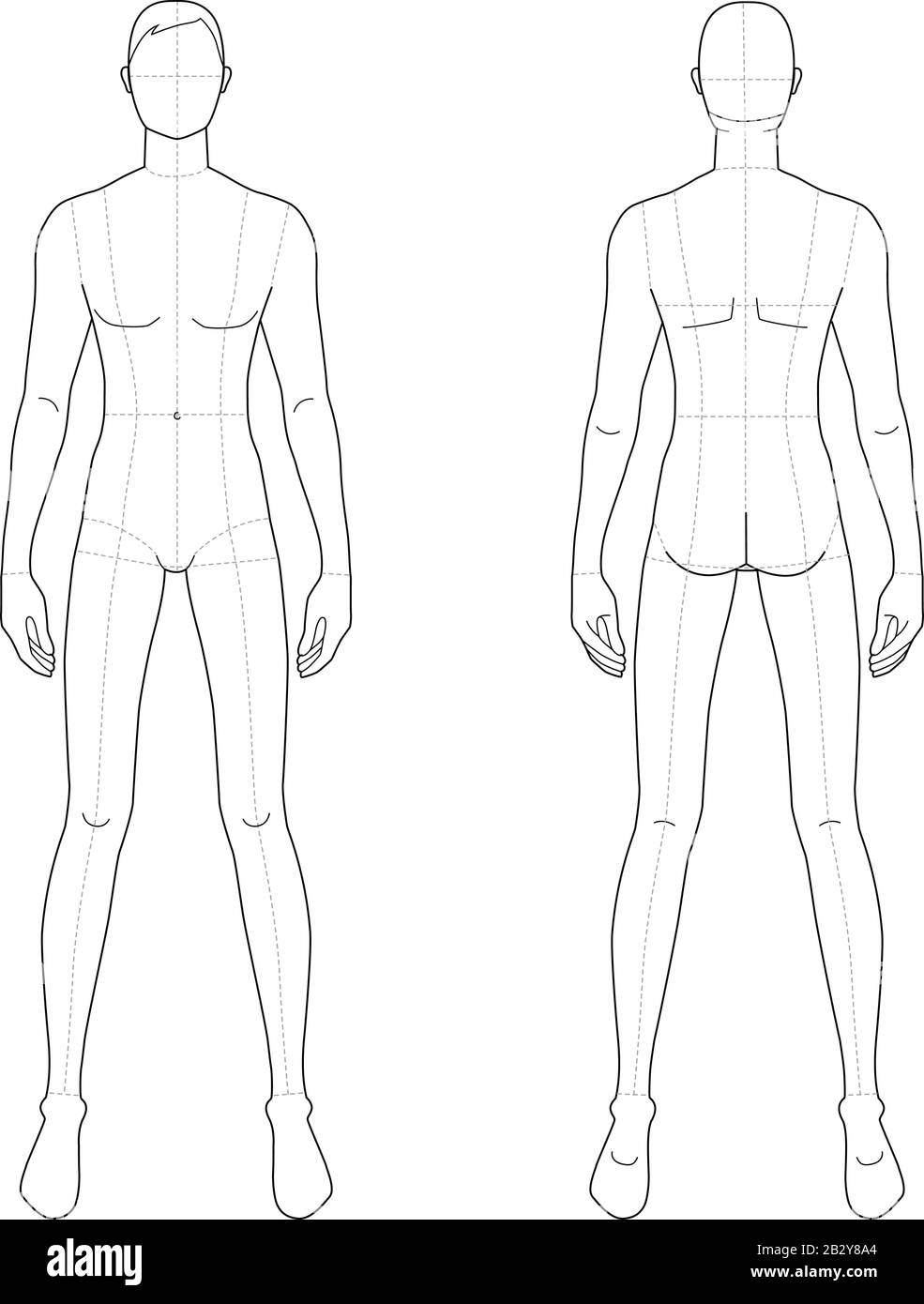 Modèle de mode d'hommes debout avec de larges jambes. 9 dimensions de tête pour le dessin technique avec lignes principales. Les messieurs sont en vue avant et arrière. Silhouette vectorielle pour l'esquisse et l'illustration de mode. Illustration de Vecteur
